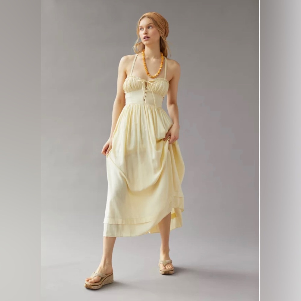 URBAN OUTFITTERS Yellow Maxi Linen Dress Dress Size S Cottagecore Modest Peasant